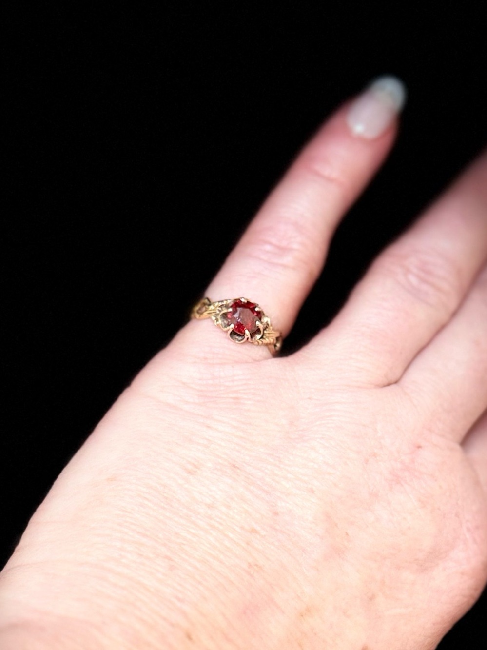 Vintage 14K Edwardian Garnet Solitaire Ring US 5 Delicate Gold Jewelry